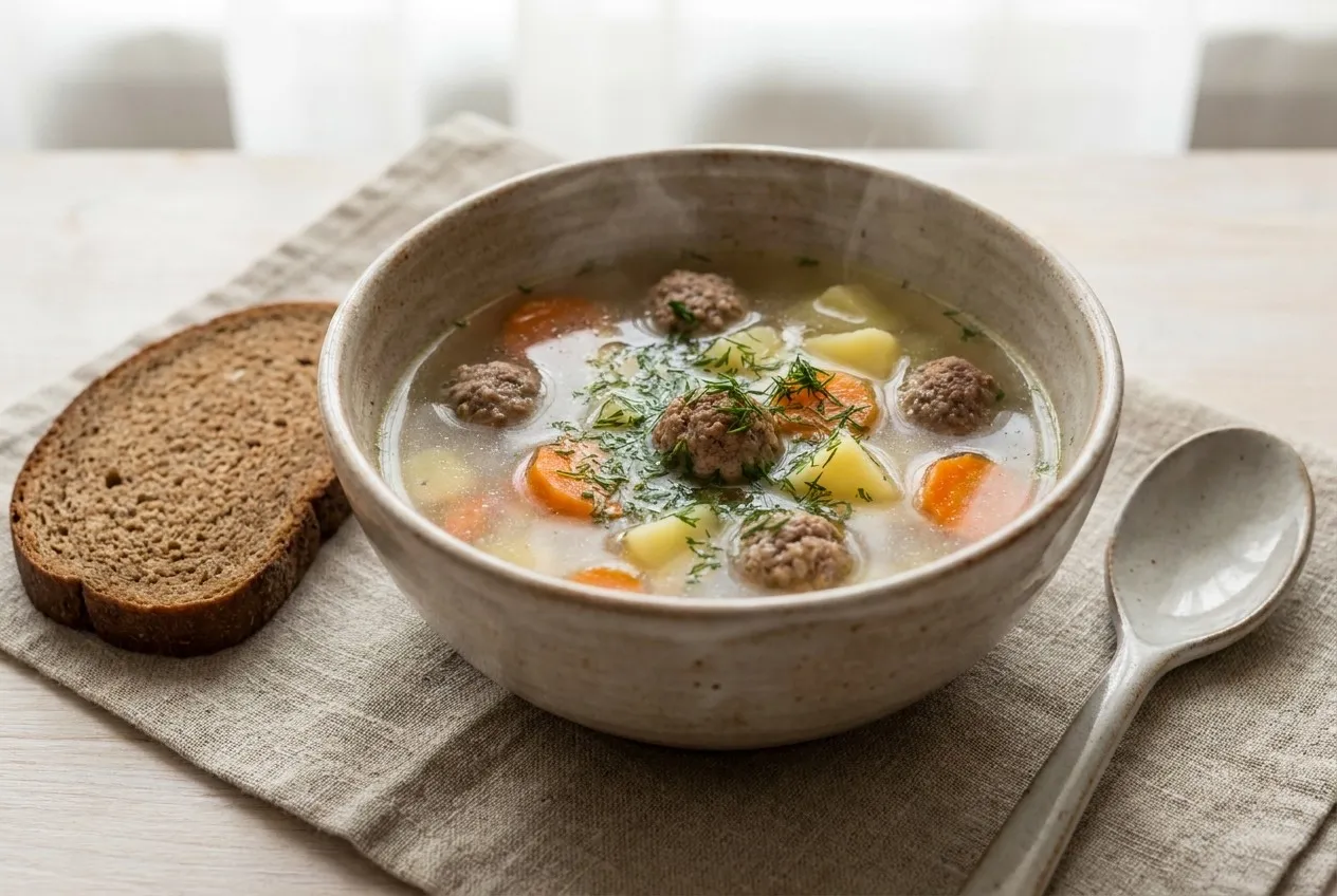 Dzidra buljona zupa bļodā ar maltās gaļas frikadelēm, kartupeļu kubiņiem, burkāniem un dillēm, blakus rupjmaizes šķēle un gaiša karote uz lina salvetes.