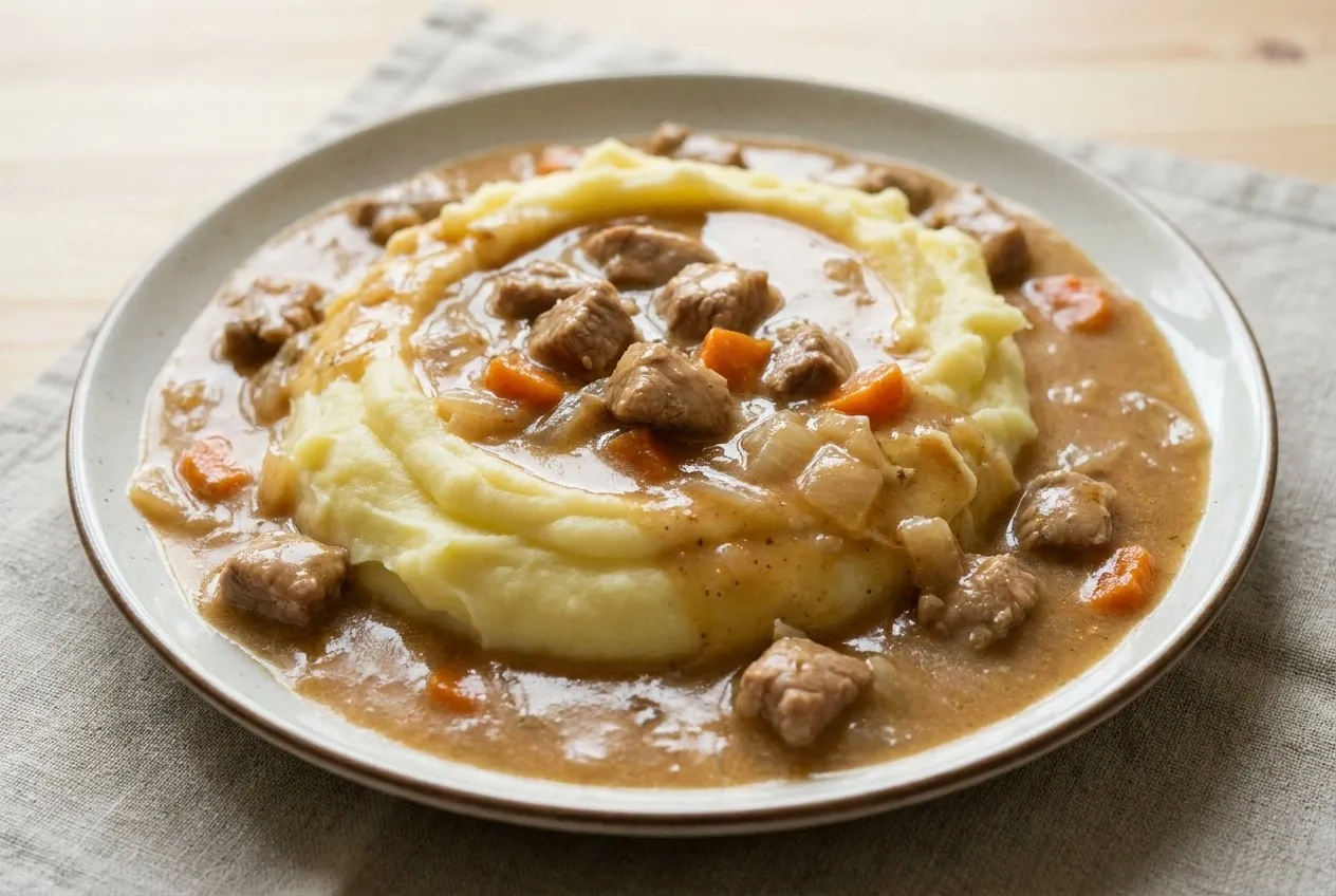 Šķīvī kaudze gludas, dzeltenīgas kartupeļu biezputras, pārlieta ar gaiši brūnu, spīdīgu mērci ar cūkgaļas gabaliņiem, burkāna kubiņiem un sīpoliem, uz pelēka lina auduma.