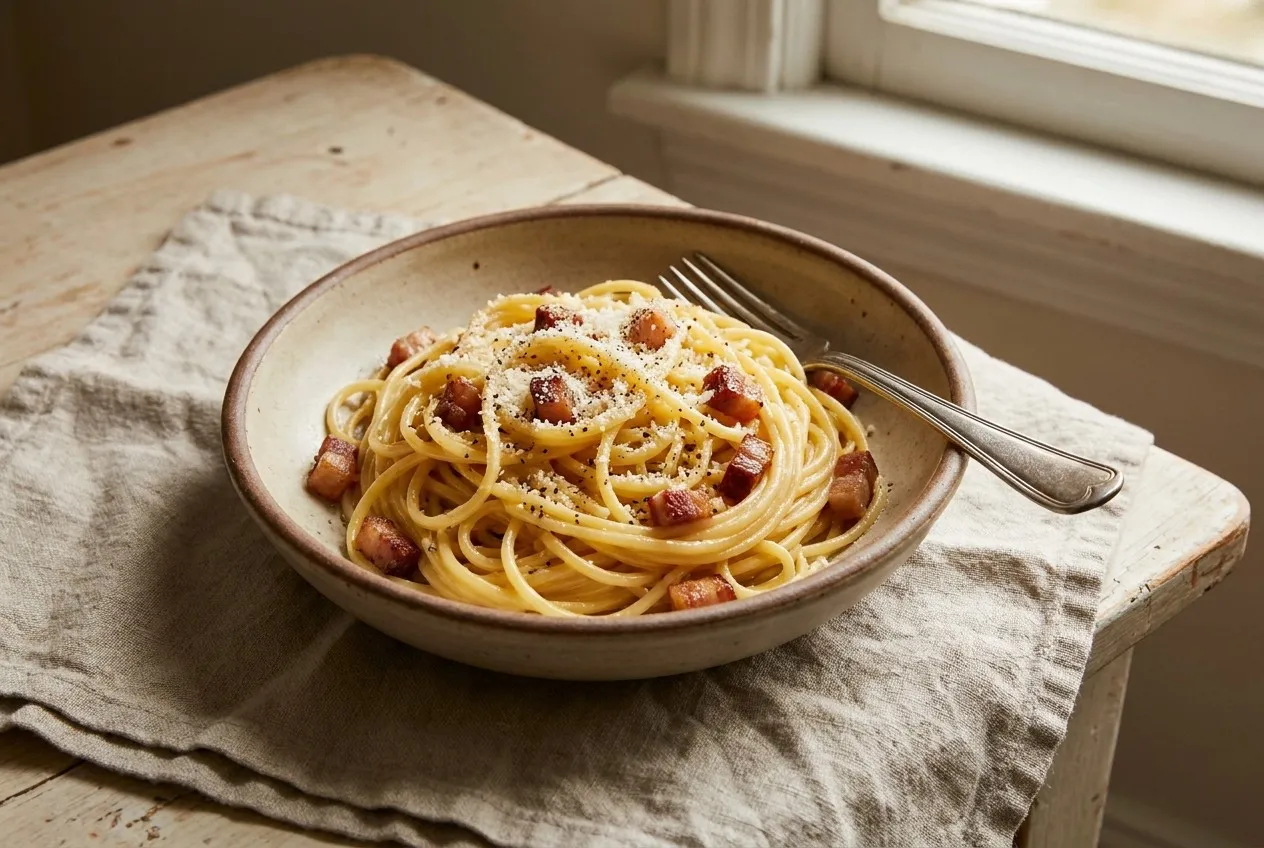 Gaišā keramikas bļodā spageti spīdīgā, dzeltenīgā olu un siera mērcē ar kraukšķīgiem guančales kubiņiem, rīvētu sieru un melnajiem pipariem, bļodas malā dakšiņa.
