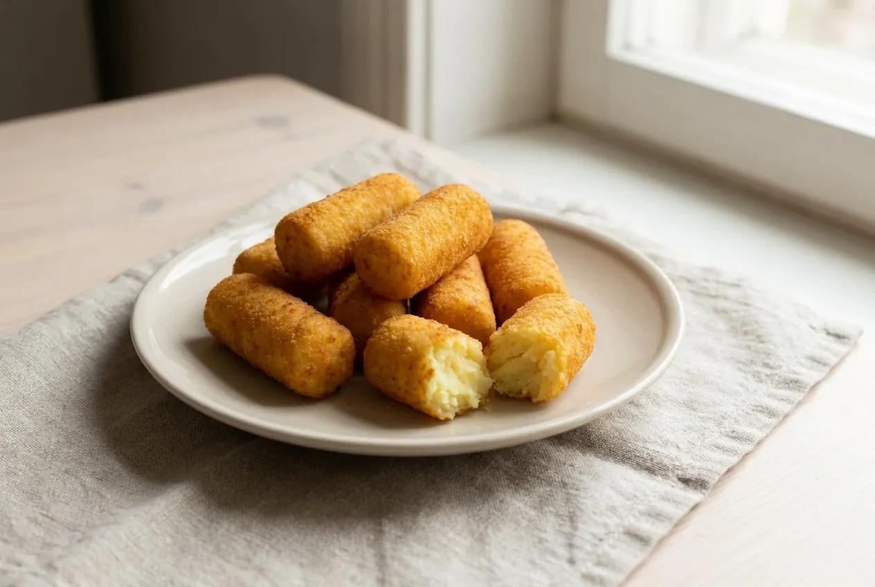 Gaišs šķīvis ar desmit rīvmaizē zeltaini izceptām cilindriskām kartupeļu kroketēm, viena pārlauzta, rādot mīkstu, gaiši dzeltenu kartupeļu biezeni, uz lina salvetes pie loga.