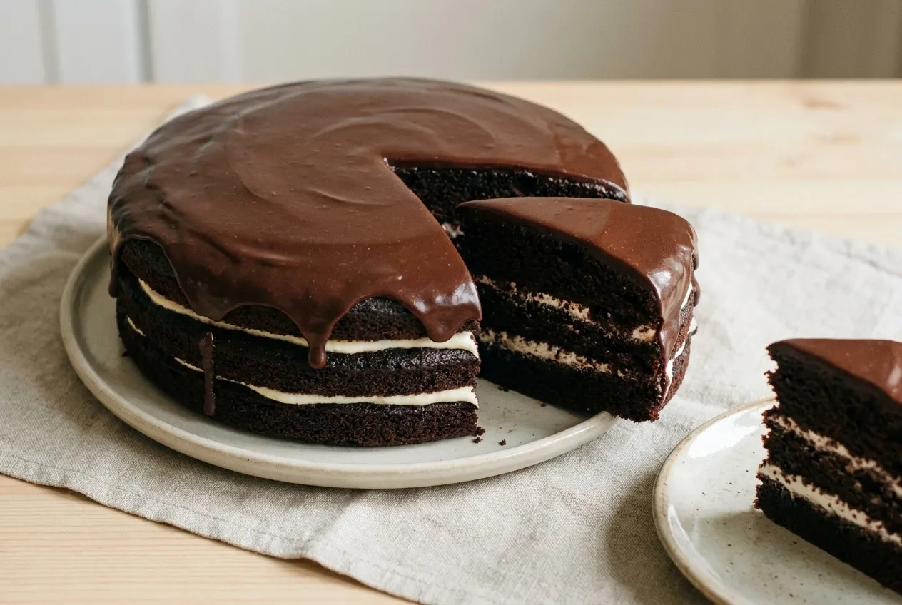 Apaļa, tumša kakao torte trīs kārtās ar baltu krēmu starp tām un spīdīgu glazūru, kas notek pār malu, uz šķīvja ar izgrieztu gabalu, blakus vēl viena šķēle.