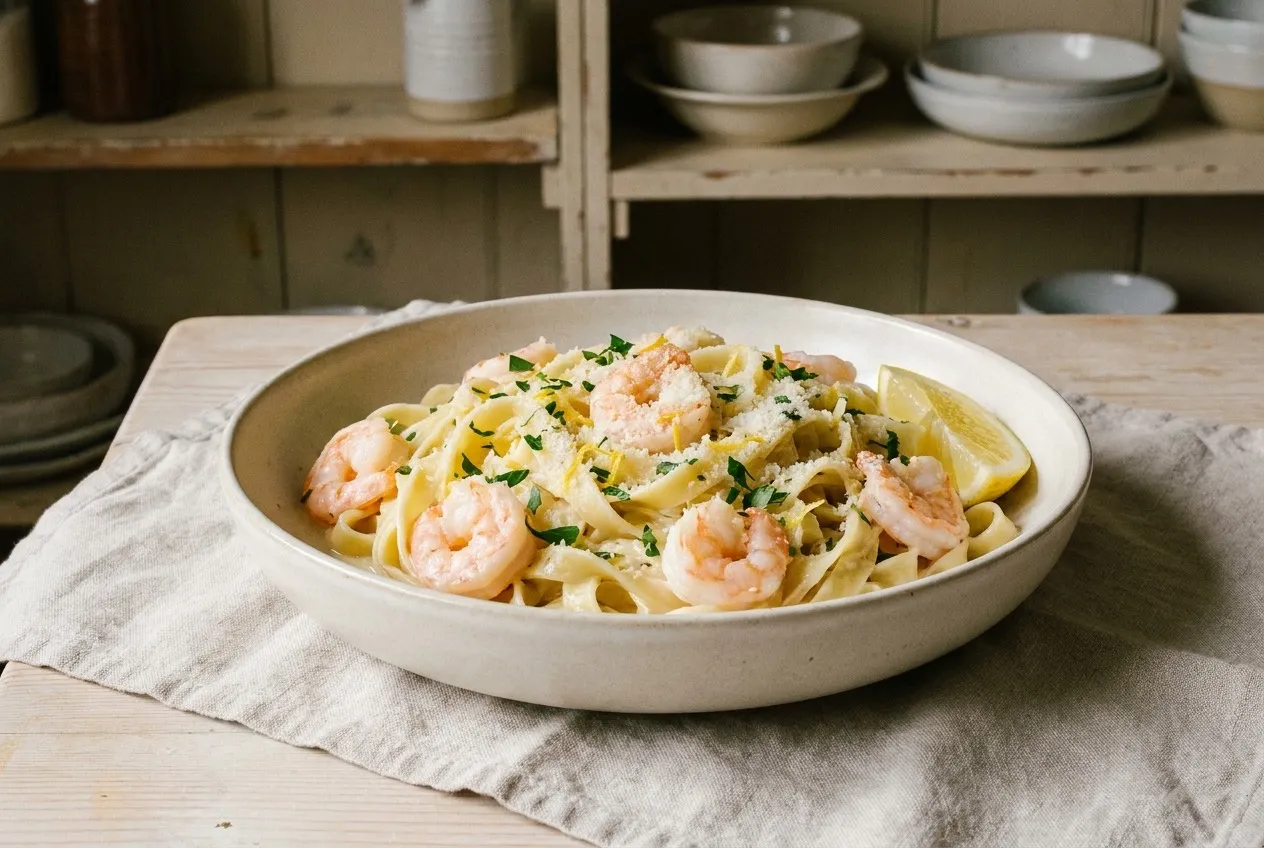 Plašā krēmkrāsas bļodā platie makaroni gaišā krējuma mērcē ar rozā garnelēm, rīvētu parmezānu, citrona miziņu un pētersīļiem, bļodas malā citrona daiviņa.