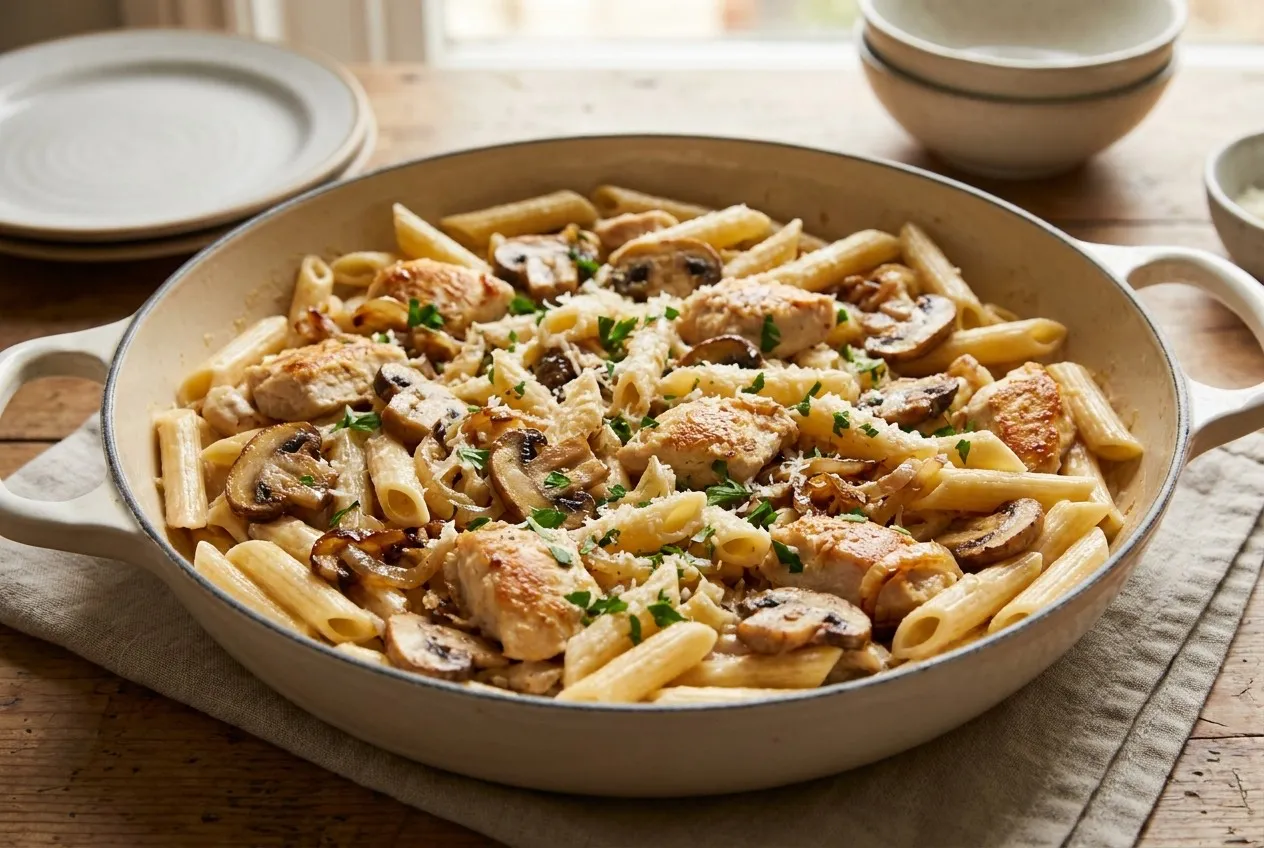 Plašā krēmkrāsas emaljētā pannā penne makaroni ar zeltaini apceptiem vistas filejas gabaliem, brūnām šampinjonu šķēlēm, sīpoliem, rīvētu parmezānu un pētersīļiem.