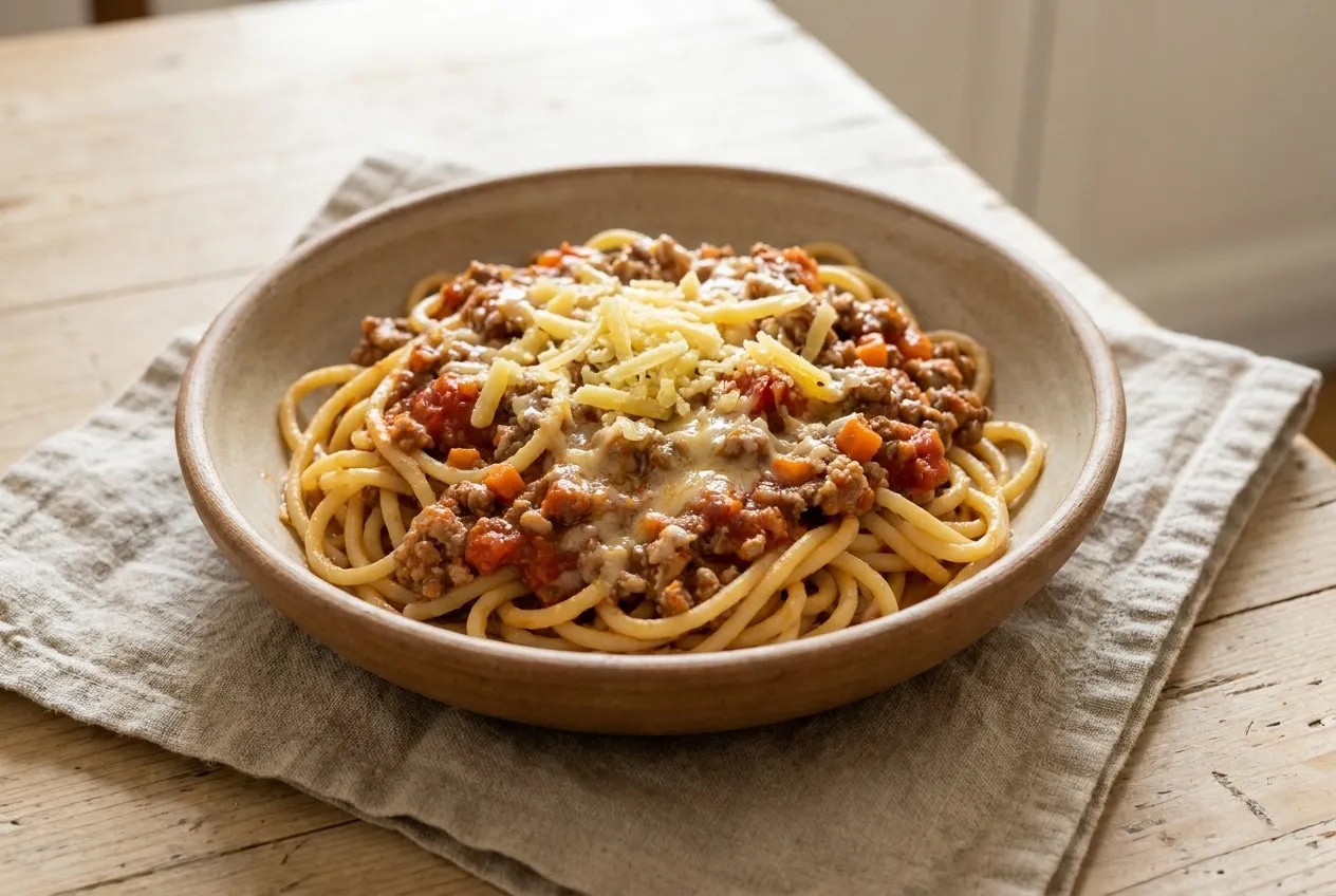 Dziļā brūnganā māla šķīvī spageti ar biezu maltās gaļas, tomātu un burkānu mērci, kurā iekusis siers, virsū kaudzīte rīvēta dzeltena siera, uz lina salvetes.