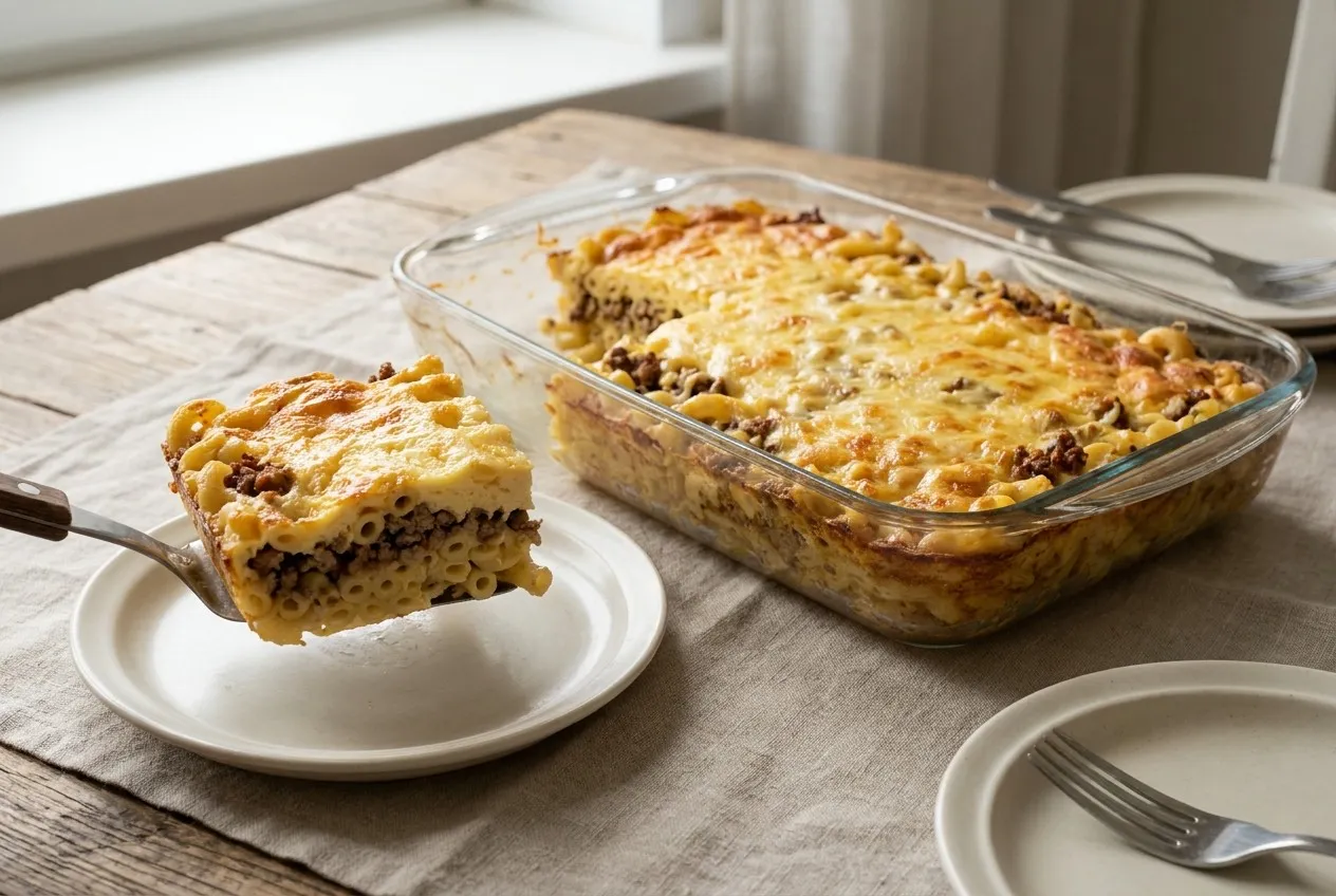 Stikla cepamtraukā makaronu sacepums ar zeltainu siera garozu, no tā ar lāpstiņu pacelts gabals, kurā redzamas makaronu un maltās gaļas kārtas, blakus balti šķīvji ar dakšiņām.