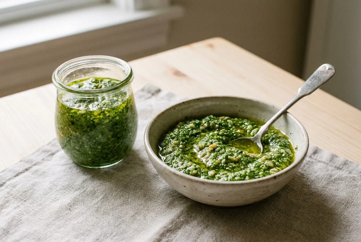 Neliela stikla burciņa un keramikas bļodiņa ar spilgti zaļu, graudainu baziliku pesto, kurā redzami priedes riekstu gabaliņi un olīveļļas spīdums, bļodiņā ielikta metāla karote.
