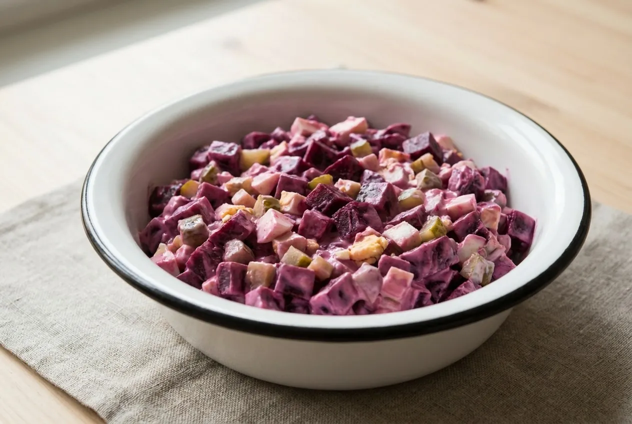 Balta emaljēta bļoda ar melnu maliņu, pilna ar tumši violetiem biešu kubiņiem, olu un marinētu gurķu gabaliņiem krēmīgā mērcē, kas no bietēm kļuvusi rozā, zem bļodas lina salvete.