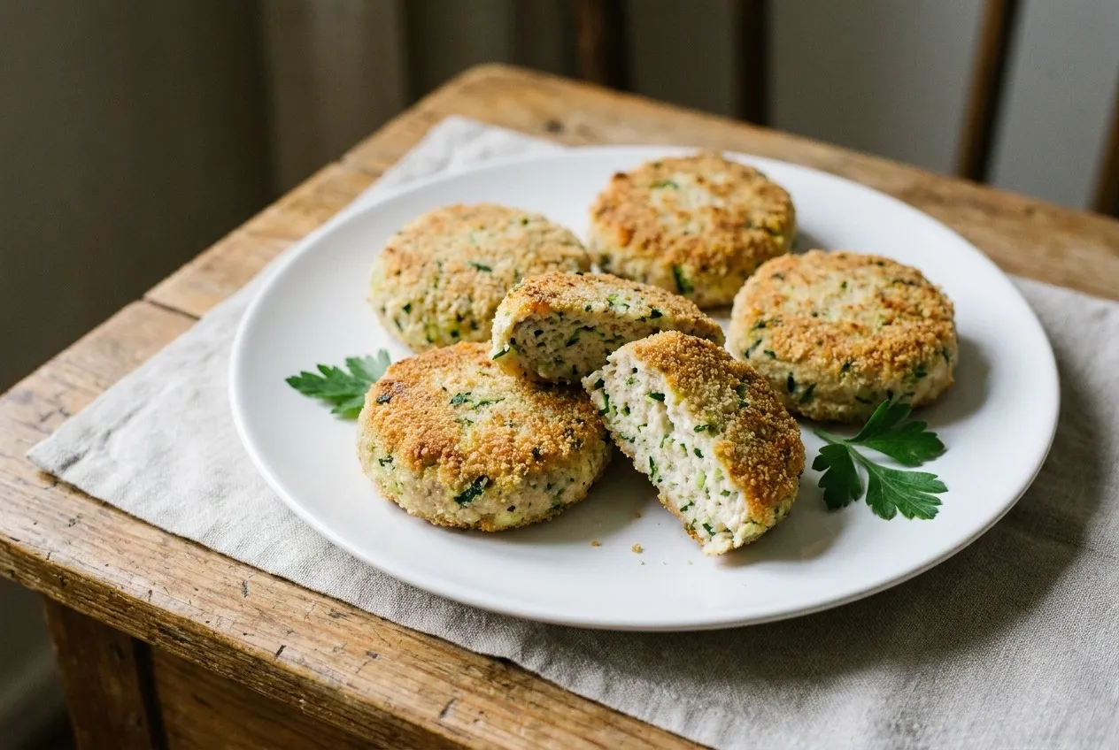 Baltā šķīvī piecas apaļas, gaiši zeltainas tītara gaļas kotletes ar zaļiem kabača un pētersīļu plankumiem, viena pārlauzta ar mitru, gaišu vidu, blakus pētersīļu lapiņas.