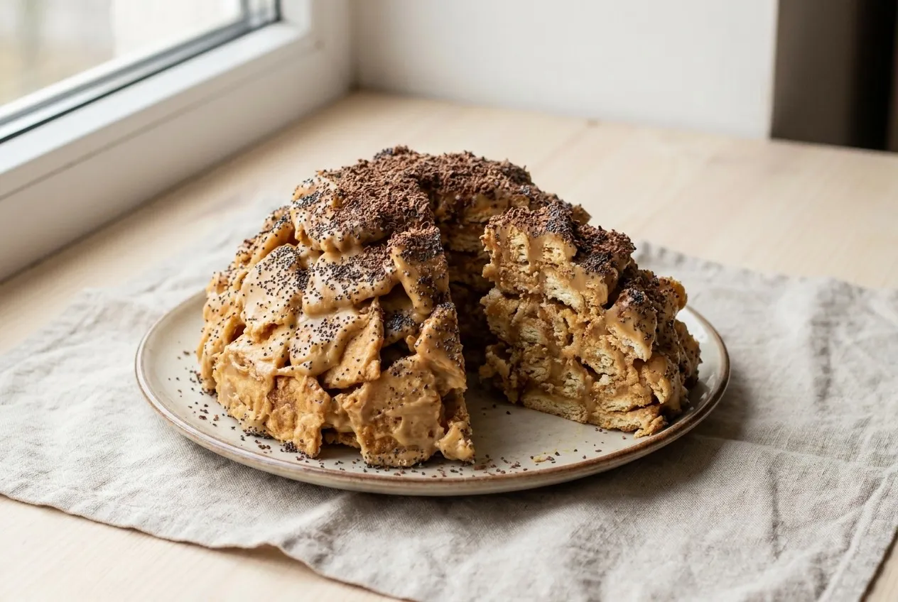 Kalniņā sakrauta torte no sīkiem cepta mīklas gabaliņiem karameles krēmā, pārkaisīta ar magonēm un rīvētu šokolādi, uz keramikas šķīvja ar izgrieztu daļu, kurā redzams robains vidus.